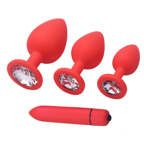 Kit anal silicone rose avec diamant blanc avec vibromasseur-Le Royaume Du Plug